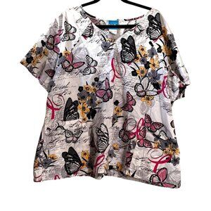 Butterfly & Floral Pattern Womens Scrub Top 3XL By Scrub H.Q. 100% Cotton